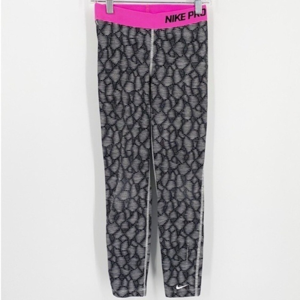 Nike Pro Fit Dri Fit Girls Leggings Black & White with Pink Band